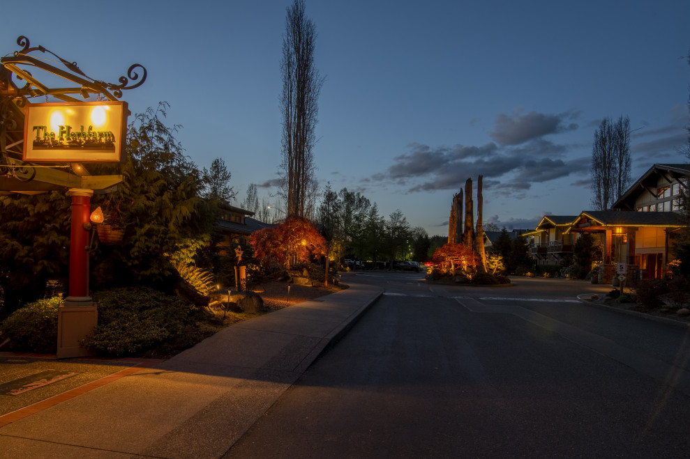 Pathway and entrance lighting guiding guests into Willows Lodge with warm fixtures illuminating signage and landscaping.