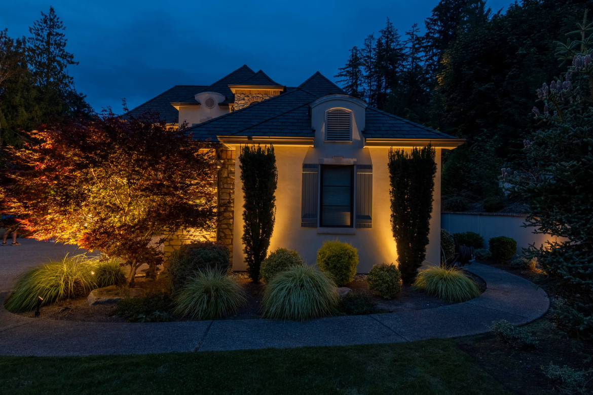 Warm architectural uplighting highlights the stucco facade, upper windows, ornamental trees, and landscaped garden beds of Issaquah Manor in Issaquah, Washington. Outdoor lighting designed and installed by Northwest Outdoor Lighting. Photography copyright © Northwest Outdoor Lighting. All rights reserved.