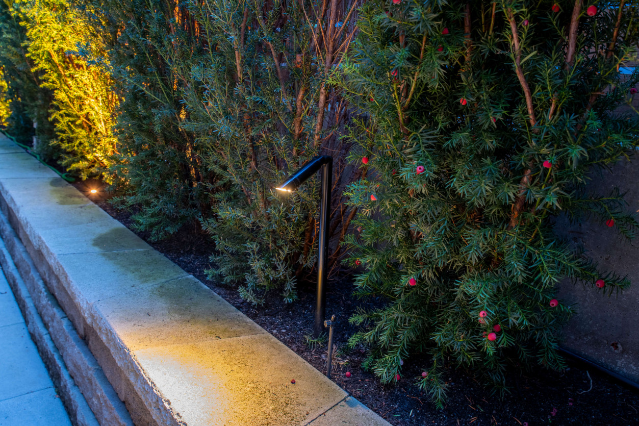 Low-voltage pathway lighting along stone retaining wall and hedge border providing nighttime navigation at a Mercer Island contemporary residence.