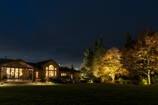 Back elevation of an Auburn home featuring warm Sunset Tone landscape lighting that softly washes the architecture, lawn, and surrounding trees.