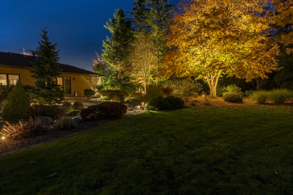 Warm Sunset Tone outdoor lighting accenting layered landscape beds and mature trees on an Auburn residential property.