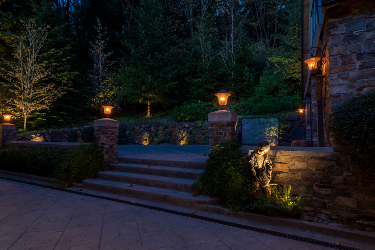 Driveway edge lighting providing safe navigation and dramatic tree illumination at Sammamish estate.
