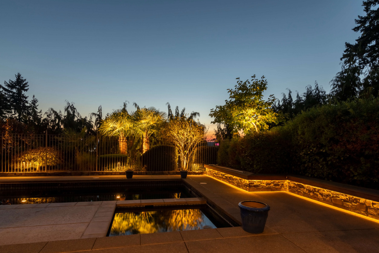 Illuminated palm trees and seating area beside pool with warm LED accents at a Sammamish resort-style outdoor living space.