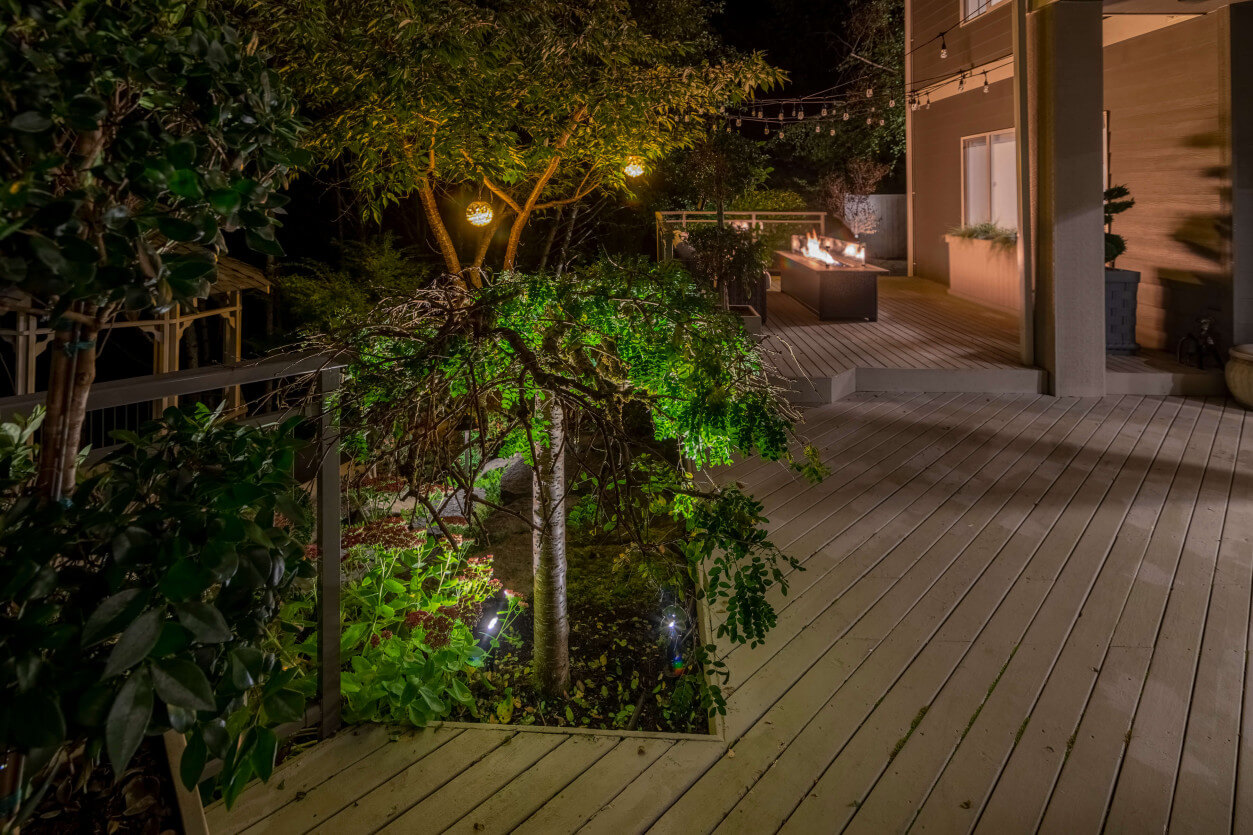 Garden pathway and tree uplighting with warm 2700K color temperature, creating depth and nighttime usability in Sammamish backyard — Northwest Outdoor Lighting.