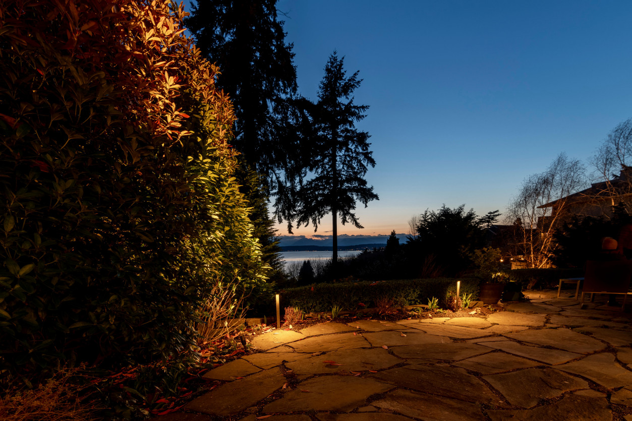 Hilltop garden view with tree uplighting and pathway lighting revealing nighttime landscape contours.