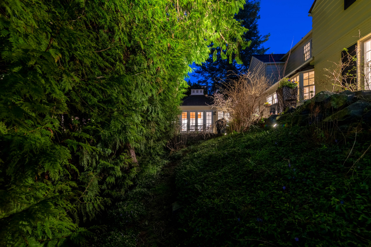 Accent lighting on lush evergreen privacy screening along side walkway between garden and home.